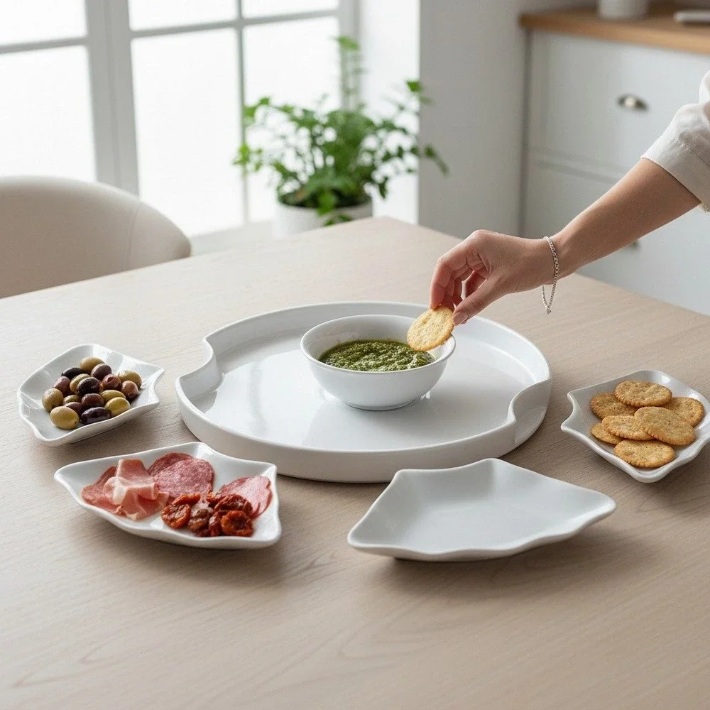 Anchor Hocking Ceramic Dip Platter Serving Set White Very Good 7pc
